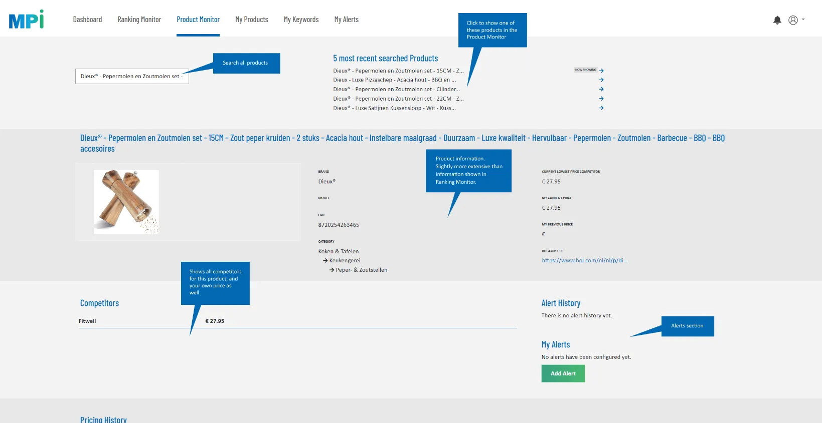 Marketplace prijsmonitoring dashboard met actuele prijzen, historische prijsontwikkelingen, promoties en prijsalerts